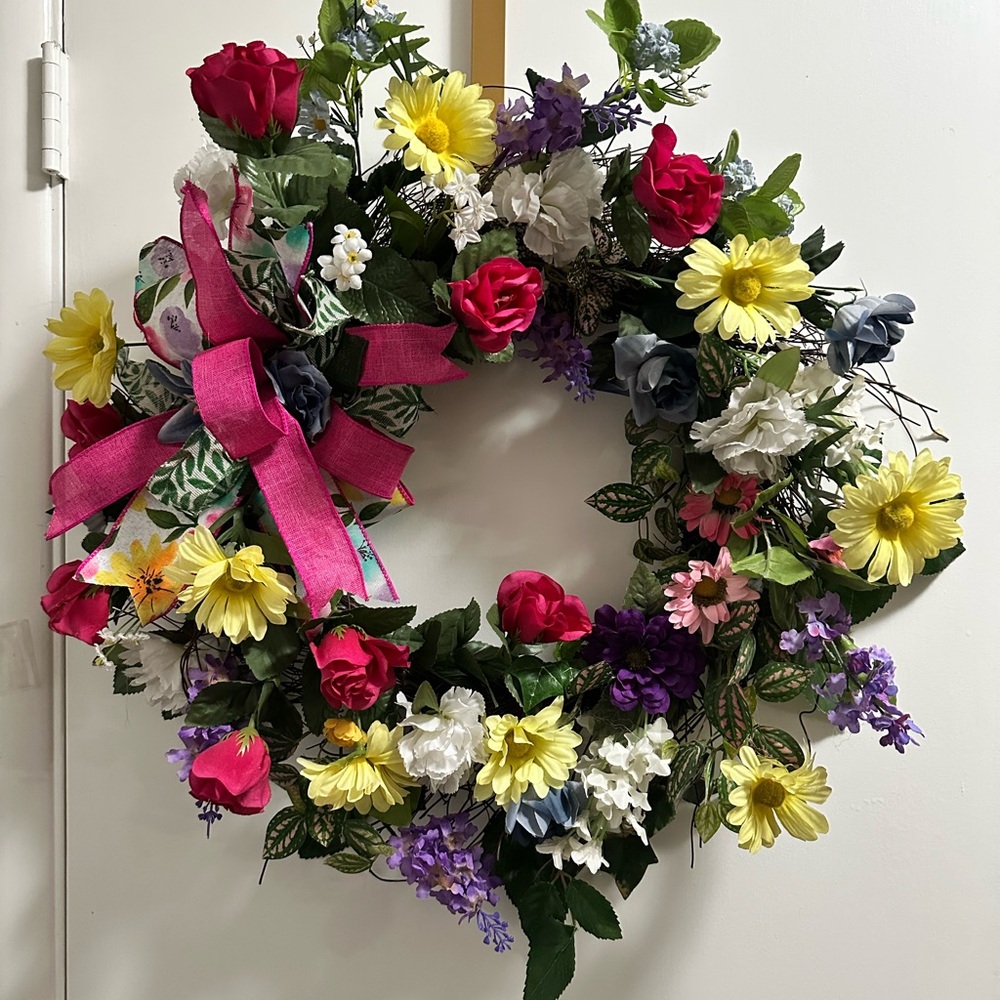 Spring Pink and Yellow Wreath with Floral Accents Perfect for Mother’s Day